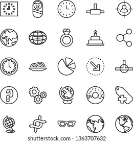 thin line vector icon set - clock face vector, add label, question, roly poly doll, birthday cake, right bottom arrow, onion, glazed with a hole, planet, connection, man in sight, gears, globe, dna