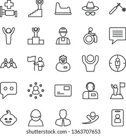 thin line vector icon set - image of thought vector, hat with glasses, potty chair, funny hairdo, builder, employee, pass card, operator, racer, welding, goal woman, think, conversation, scientist