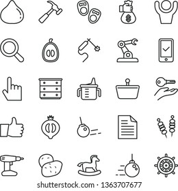 thin line vector icon set - scribbled paper vector, magnifier, chest of drawers, measuring cup for feeding, small rocking horse, shoes little children, big core, drill, hammer with claw, thumb up