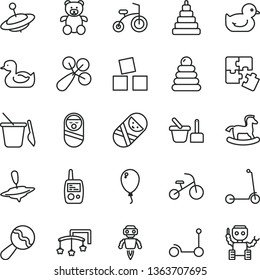 thin line vector icon set - toys over the cot vector, beanbag, baby rattle, rubber duck, duckling, stacking rings, toy, roly poly doll, tumbler, mobile phone, sand set, children's, teddy bear, yule