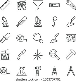 thin line vector icon set - yardstick vector, zoom out, mercury thermometer, drumroll, drum, trowel, building, measuring tape, long meashuring, construction level, plummet, stationery knife, hammer
