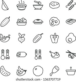 thin line vector icon set - deep plate with a spoon vector, plastic fork spoons, iron, sausage, pie, porridge in saucepan, lettuce, chicken, thigh, chop, meat on skewers, cabbage, piece of, cucumber