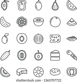 thin line vector icon set - stationery knife vector, piece of cheese, slices onion, cake, meat, cucumber, orange slice, sandwich, plum, water melon, half mango, tangerine, cherry, kiwi, tamarillo