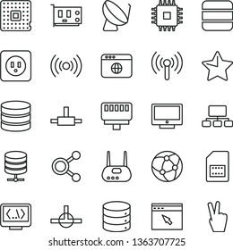 thin line vector icon set - power socket type b vector, star, screen, big data, server, processor, satellite dish, SIM card, connections, scheme, cpu, pc, router, network, browser, connect, coding
