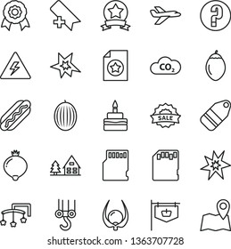 thin line vector icon set - danger of electricity vector, add bookmark, question, toys over the cot, winch hook, label, Hot Dog, birthday cake, medlar, melon, tamarillo, physalis, CO2, vintage sign