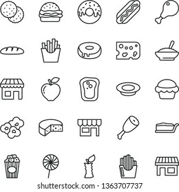 thin line vector icon set - kiosk vector, piece of cheese, loaf, Hot Dog, burger, cake, slice, with a hole, glazed, bowl buckwheat porridge, plate milk, chicken leg, thigh, lollipop, French fries