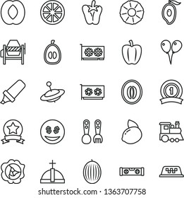 thin line vector icon set - plastic fork spoons vector, children's train, yule, colored air balloons, concrete mixer, building level, peper, squash, melon, half of mango, peach, loquat, yellow lemon