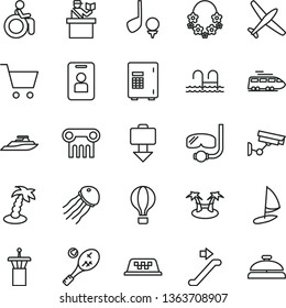 thin line vector icon set - plane vector, train, taxi, air balloon, airport tower, escalator, passort control, getting baggage, palm tree, hawaii wreath, pool, diving mask, disabled, tennis, safe