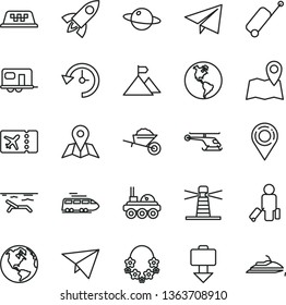 thin line vector icon set - paper airplane vector, garden trolley, map, planet, Earth, lighthouse, location, history, lunar rover, mountain flag, plane, rocket, helicopter, train, camper, taxi