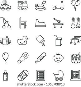 thin line vector icon set - toys over the cot vector, mug for feeding, new abacus, measuring bottle, baby powder, stroller, sitting, safety pin, mercury thermometer, duckling, motor vehicle present