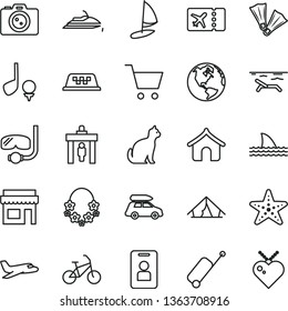thin line vector icon set - earth vector, plane, car baggage, taxi, bike, security gate, ticket, rolling case, boungalow, tent, beach, hawaii wreath, starfish, flippers, diving mask, camera, pets