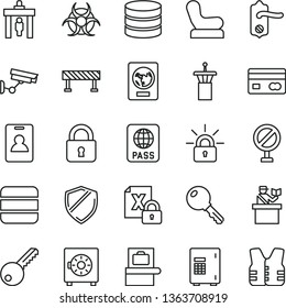 thin line vector icon set - prohibition vector, Baby chair, key, door knob, road fence, lock, passport, strongbox, reverse side of a bank card, encrypting, big data, biohazard, airport tower, safe