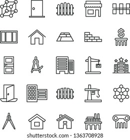 thin line vector icon set - house vector, dwelling, brick wall, window frame, ntrance door, interroom, buildings, city block, ceramic tiles, fence, hedge, paving slab, home, industrial enterprise