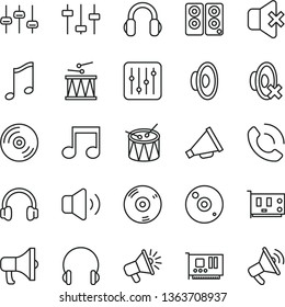 thin line vector icon set - horn vector, loudspeaker, silent mode, drumroll, drum, headphones, music, CD, regulator, volume, no sound, phone call, megaphone, pc card, speaker, note, settings