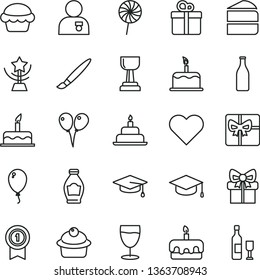 thin line vector icon set - tassel vector, colored air balloons, balloon, cake, birthday, heart, gift, square academic hat, muffin, piece of, torte, lollipop, glass, bottle, giftbox, gold cup, star