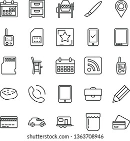 thin line vector icon set - tassel vector, calendar, bank card, rss feed, toy phone, mobile, a chair for feeding child, concrete mixer, nightstand, call, piece of meat, jam, retro car, SIM, location