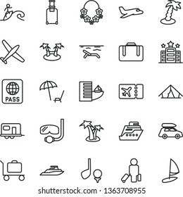 thin line vector icon set - passport vector, plane, car baggage, camper, passenger, suitcase, rolling, ticket, hotel, tent, beach, arnchair under umbrella, palm tree, hawaii wreath, diving mask