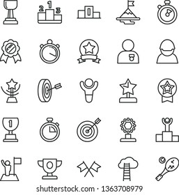 thin line vector icon set - stopwatch vector, pedestal, racer, winner, podium, prize, award, cup, gold, star, reward, man with medal, flag, motivation, target, purpose, ribbon, cross flags, tennis