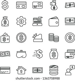 thin line vector icon set - bank card vector, dollar, cards, reverse side of a, front the, coins, column, denomination, wallet, purse, money, dollars, cash, machine, cashbox, bag hand, coin, gear