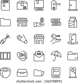 thin line vector icon set - folder vector, book, open pin, e, books, window frame, door knob, ntrance, received letter, umbrella, drawer, cardboard box, 24, package, half of coconut, kiosk, stall