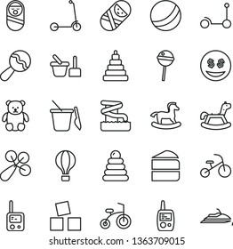 thin line vector icon set - beanbag vector, baby rattle, bath ball, stacking rings, toy, roly poly doll, tumbler, phone, mobile, sand set, children's, small teddy bear, rocking horse, child bicycle