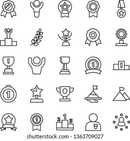 thin line vector icon set - pedestal vector, medal, winner, laurel branch, podium, prize, award, cup, gold, star, reward, man with, motivation, mountain flag, first place, pennant, ribbon, hands up