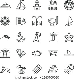 thin line vector icon set - anchor vector, fish, sea port, lighthouse, coastal, planet, sand castle, sail boat, hotel, beach, palm tree, starfish, flippers, diving mask, surfing, handwheel, jet ski