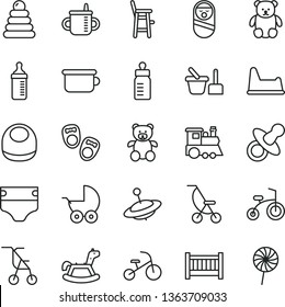 thin line vector icon set - baby cot vector, dummy, mug for feeding, bottle, measuring, diaper, bib, stroller, summer, sitting, stacking rings, roly poly doll, toy sand set, children's potty, chair