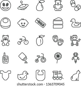 thin line vector icon set - baby powder vector, bib, Child T shirt, rubber duck, duckling, toy mobile phone, teddy bear, small, children's hairdo, train, yule, bicycle, tricycle, piece of cake, pear
