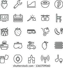 thin line vector icon set - question vector, a chair for feeding, box of bricks, drum, shipment, plum, strawberry, blackberry, mango, kiwi, weaving, repair key, antique advertising signboard, crisis