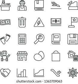 thin line vector icon set - danger of electricity vector, paper bag, negative histogram, footprints, e, estimate, eggs, builder, kiosk, hand shake, cash, calculator, cashbox, trash bin, floppy, book