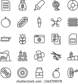 Thin Line Vector Icon Set - Spectacles Vector, Hot Dog, Cake Slice, Chinese Chopsticks, Jar Of Jam, Mint, Tangerine, Half Kiwi, Guava, Sea Port, Fan Screw, Factory, Weaving, SIM Card, Dollars, File