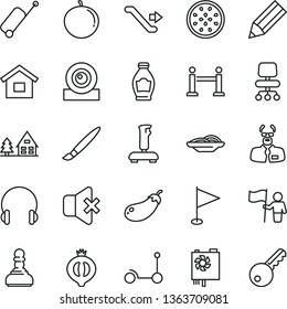 thin line vector icon set - tassel vector, pennant, Kick scooter, dwelling, headphones, no sound, slices of onion, bottle, half medlar, tangerine, passion fruit, eggplant, pencil, pc power supply