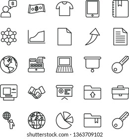 thin line vector icon set - briefcase vector, clean sheet of paper, scribbled, folder bookmark, upload, key, notebook, T shirt, planet, handclasp, dollar, pie charts, cash machine, financial report