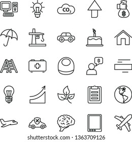 thin line vector icon set - upward direction vector, minus, baby bib, bag of a paramedic, motor vehicle, ladder, home, umbrella, cake, leaves, planet Earth, bulb, tower crane, autopilot, CO2, brain