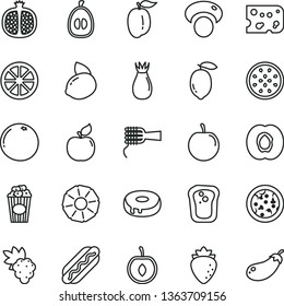 thin line vector icon set - piece of cheese vector, pizza, Hot Dog, noodles, cake with a hole, cup popcorn, sandwich, half apricot, pomegranate, grape, raspberry, rose hip, loquat, ripe plum, tasty