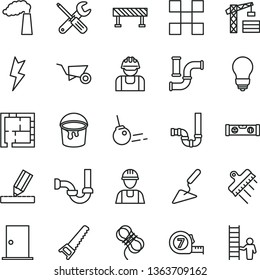 thin line vector icon set - tower crane vector, builder, building trolley, trowel, small tools, hand saw, long meashuring tape, paint bucket, siphon, sewerage, laying out, bulb, ntrance door, level