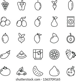 thin line vector icon set - tomato vector, peper, a glass of tea, pear, branch grape, large, fig, blueberries, tasty cornels, mango, date fruit, slice tangerine, half cherry, passion, yellow lemon