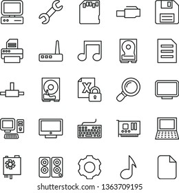 thin line vector icon set - floppy disk vector, keyboard, screen, computer, notebook pc, encrypting, power supply, card, monitor, hdd, router, printer, speaker, connect, lan connector, magnifier, sd