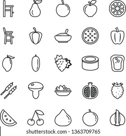 thin line vector icon set - a chair for feeding vector, child, canned goods, mushroom, bowl of rice porridge, plate fruit, barbecue, orange slice, sandwich, cherry, half pomegranate, branch grape