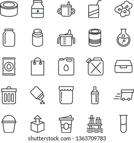 thin line vector icon set - mug for feeding vector, measuring cup, bottle, powder, baby, e, bucket, dust bin, drawer, unpacking, canned goods, tin, popcorn, coffe to go, jam, jar of, sea port, oil