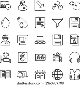 thin line vector icon set - add label vector, negative chart, tricycle, workman, book, headphones, earth, move left, lime, kiosk, filter, scheme, financial item, scientific publication, agenda, atm