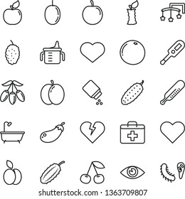 thin line vector icon set - heart symbol vector, first aid kit, toys over the cot, measuring cup for feeding, baby powder, electronic thermometer e, mercury, bath, broken, eye, cucumber, apple, stub