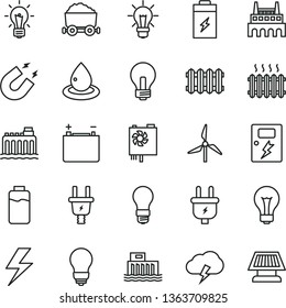 thin line vector icon set - lightning vector, matte light bulb, incandescent lamp, dangers, new radiator, storm cloud, charge level, charging battery, windmill, accumulator, hydroelectric station