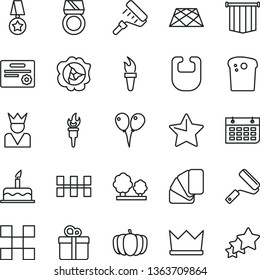 thin line vector icon set - bib vector, colored air balloons, cake, new roller, paint, sample of colour, tile, ceramic tiles, pavement, star, gift, Easter, squash, pumpkin, trees, wall calendar