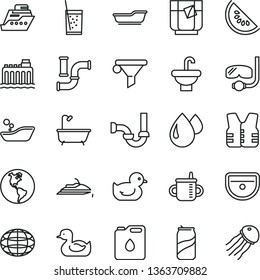 thin line vector icon set - mug for feeding vector, rubber duck, baby duckling, children's bathroom, bath, washbasin, sink, sewerage, a glass of soda, tea, can, slice water melon, pipes, drop, globe