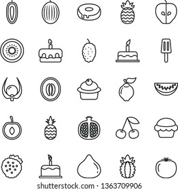 thin line vector icon set - cake vector, muffin, torte, with a hole, popsicle, strawberries, pineapple, cherry, half pomegranate, quince, tasty apple, fig, mulberry, melon, water slice, of kiwi