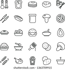 thin line vector icon set - deep plate with a spoon vector, plastic fork spoons, stick of sausage, pizza, big burger, spaghetti, mushroom, porcini, pie, bowl rice porridge, lettuce in, chicken, jam