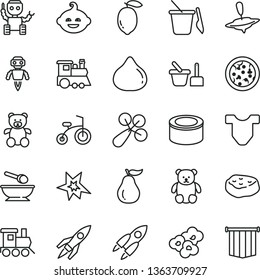 thin line vector icon set - Child T shirt vector, baby rattle, toy sand set, children's, deep plate with a spoon, teddy bear, small, funny hairdo, train, yule, bicycle, canned goods, pizza, popcorn