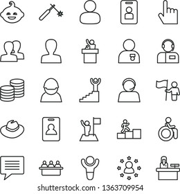 thin line vector icon set - image of thought vector, woman, women, hat, funny hairdo, index finger, operator, coins, racer, welding, court hearing, man, winner, carrer stairway, with medal, flag